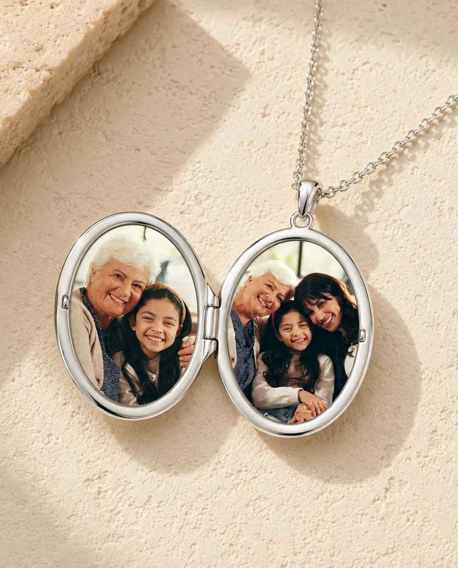 Personalised Photo Locket Necklace That Holds 2 Pictures - Rose Bouquet Oval Locket With Mother of Pearl Back, Silver or Gold