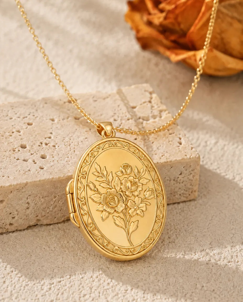 Personalised Photo Locket Necklace That Holds 2 Pictures - Rose Bouquet Oval Locket With Mother of Pearl Back, Silver or Gold