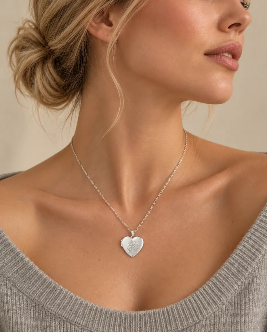 Personalised Photo Locket Necklace That Holds 2 Pictures - Rose Relief Heart Locket With Mother of Pearl Back worn on a model