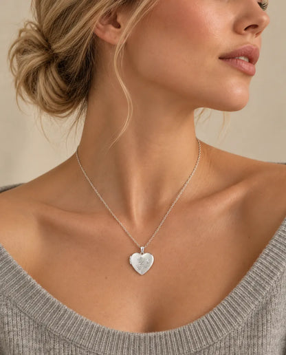 Personalised Photo Locket Necklace That Holds 2 Pictures - Rose Relief Heart Locket With Mother of Pearl Back worn on a model