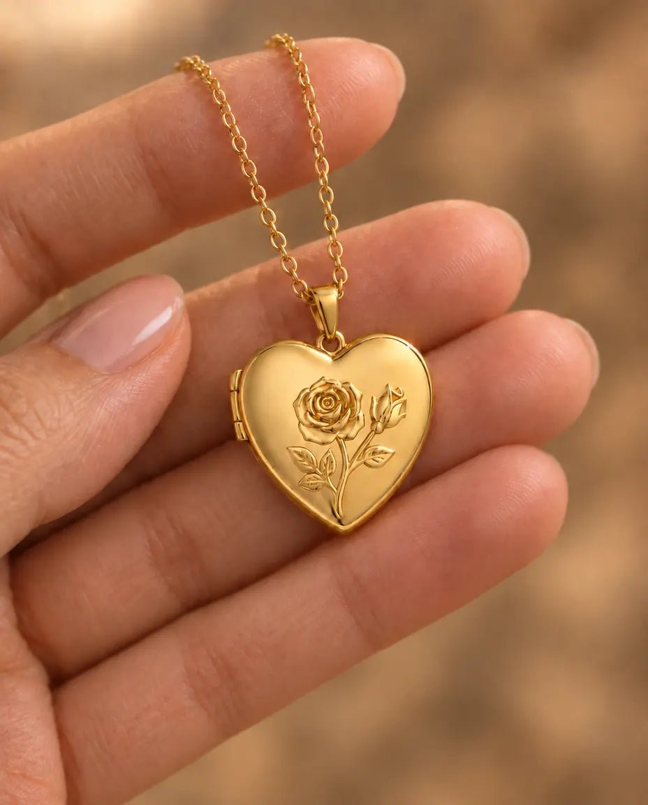 Personalised Photo Locket Necklace That Holds 2 Pictures - Rose Relief Heart Locket With Mother of Pearl Back held in hand