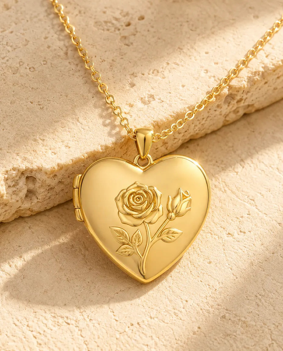 Personalised Photo Locket Necklace That Holds 2 Pictures - Rose Relief Heart Locket With Mother of Pearl Back, Silver or Gold