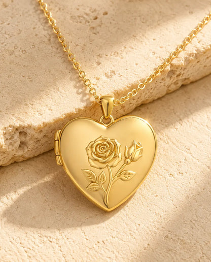Personalised Photo Locket Necklace That Holds 2 Pictures - Rose Relief Heart Locket With Mother of Pearl Back, Silver or Gold