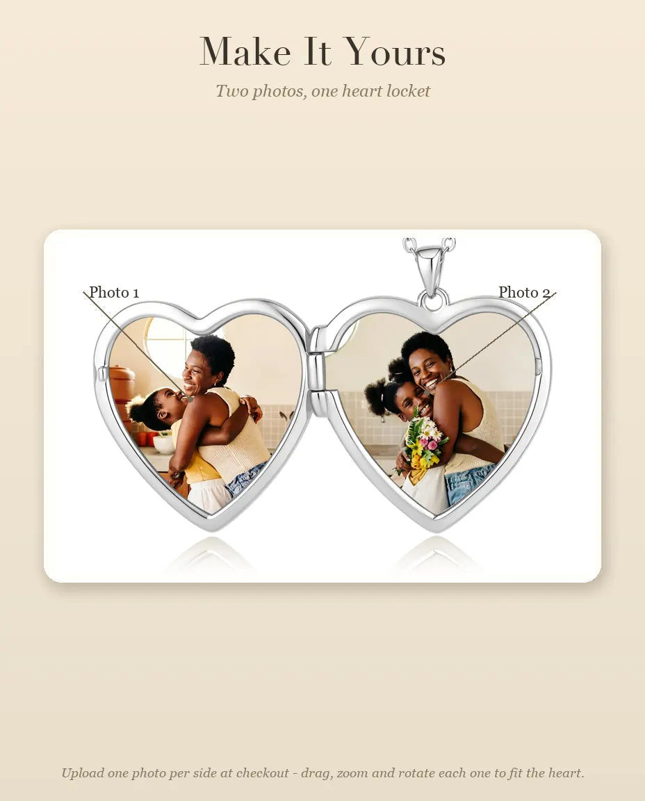 Personalised Photo Locket Necklace That Holds 2 Pictures - Rose Relief Heart Locket With Mother of Pearl Back, Silver or Gold