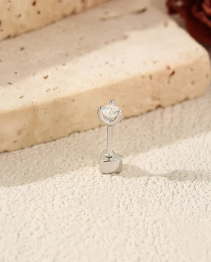 Round Moissanite Stud Earrings in 925 Sterling Silver - standing with the heart-shaped back on top, seen from behind