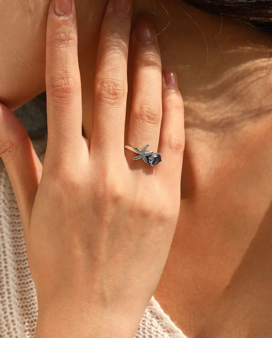 Starfish Ring for Women - 5 x 7 mm Oval Violet Zirconia with Pave Star Arms, Sizes 5 to 9, 925 Sterling Silver