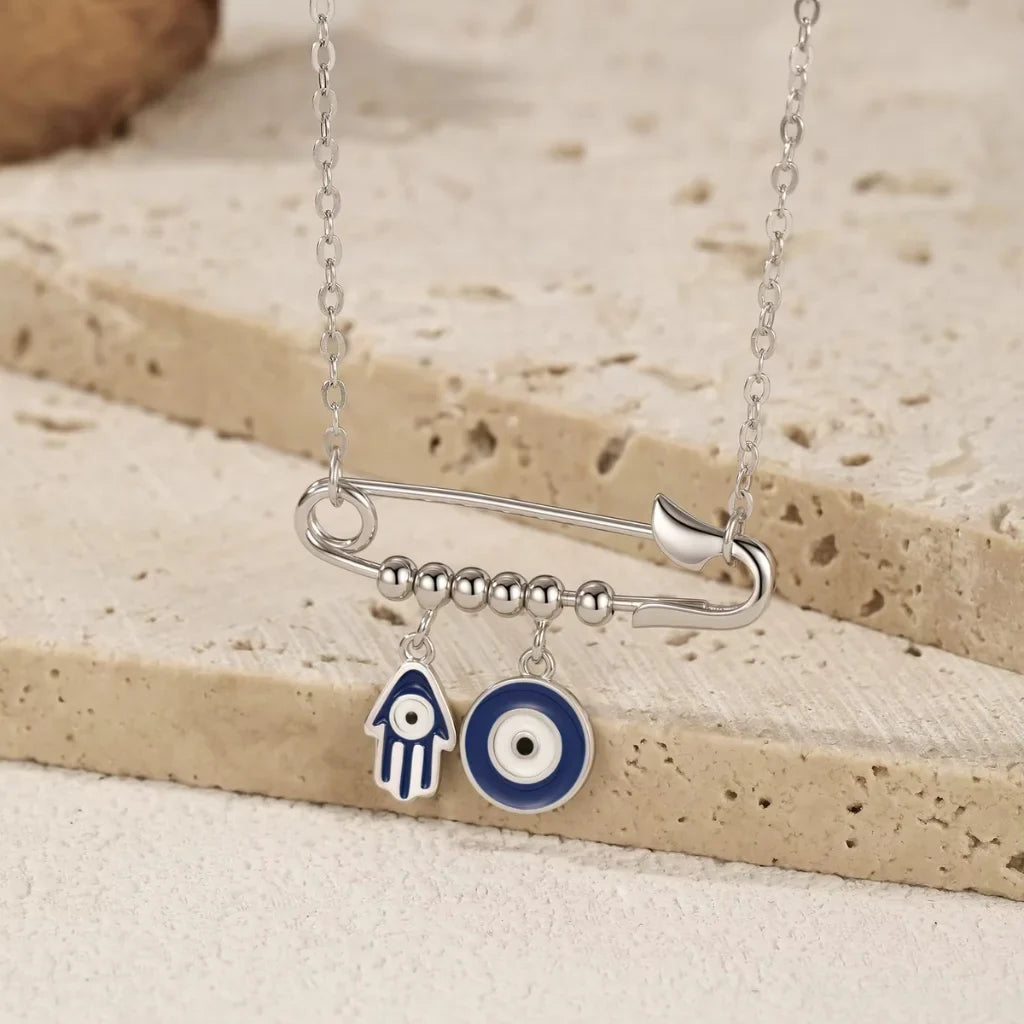 Sterling Silver Evil Eye & Hamsa Hand Charm Necklace