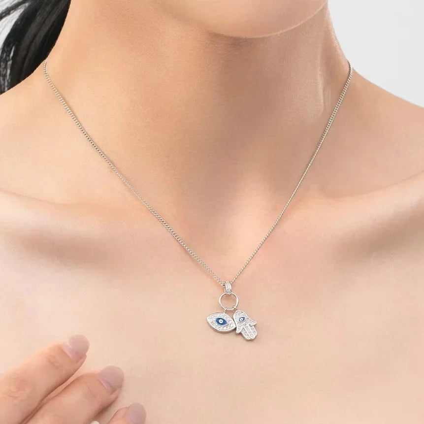 Sterling Silver Evil Eye Necklace - Turkish Blue Eye Necklace - Hamsa Hand Necklace