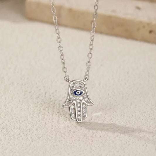Sterling Silver Hamsa Hand & Evil Eye Necklace