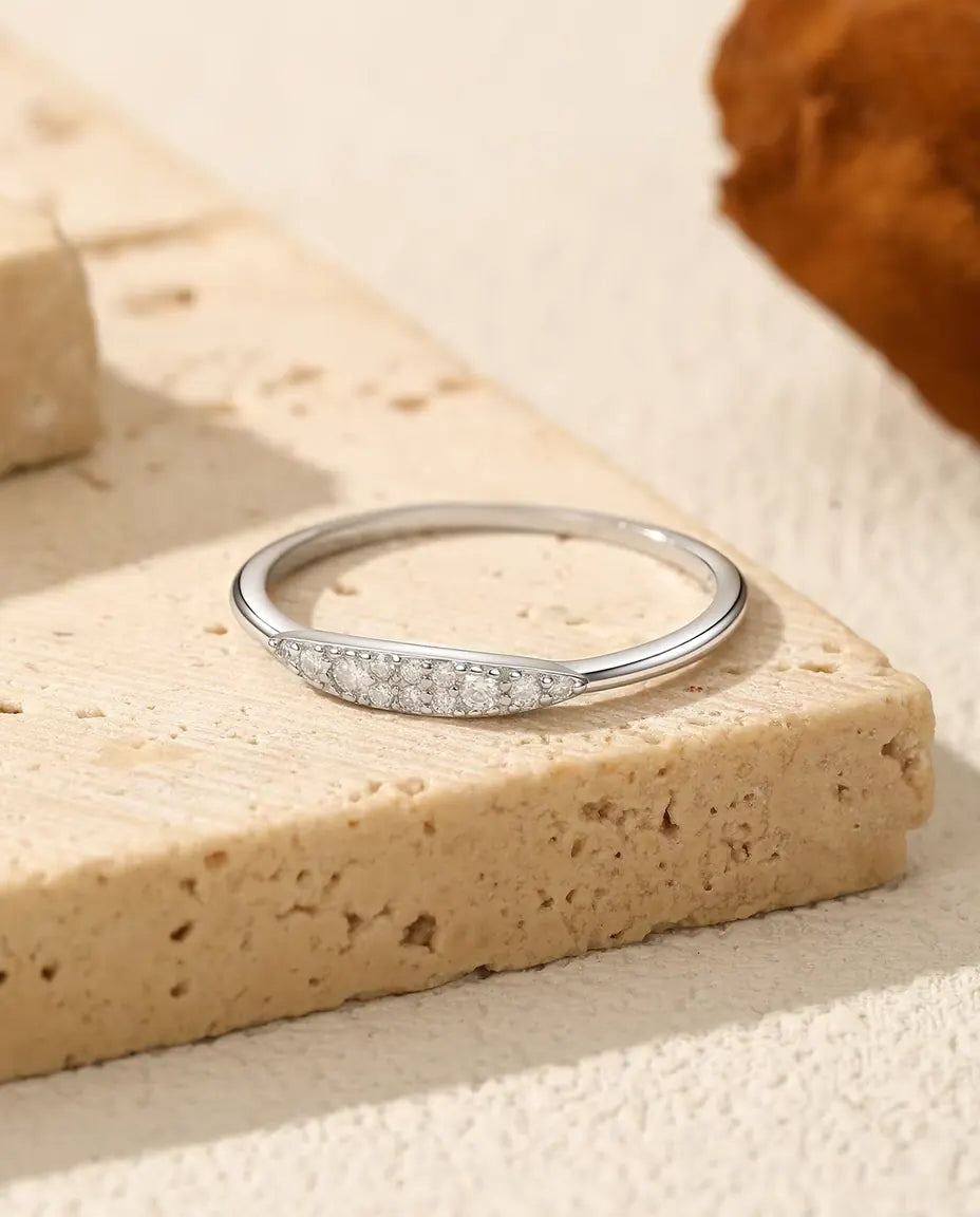 Tapered Pave Moissanite Ring - Twelve D Colour Stones on a 0.9 mm Band, 925 Sterling Silver, Sizes 5-9
