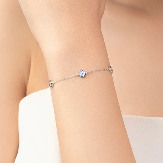 Three-Charm Sterling Silver Evil Eye Bracelet - Turkish Eye Bracelet