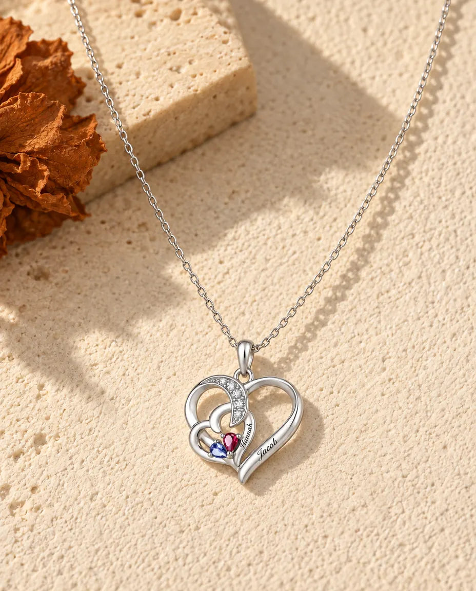 Personalised Birthstone Necklace With 2 Names - Interlocking Heart Pendant With Two Pear Simulated Birthstones, Silver