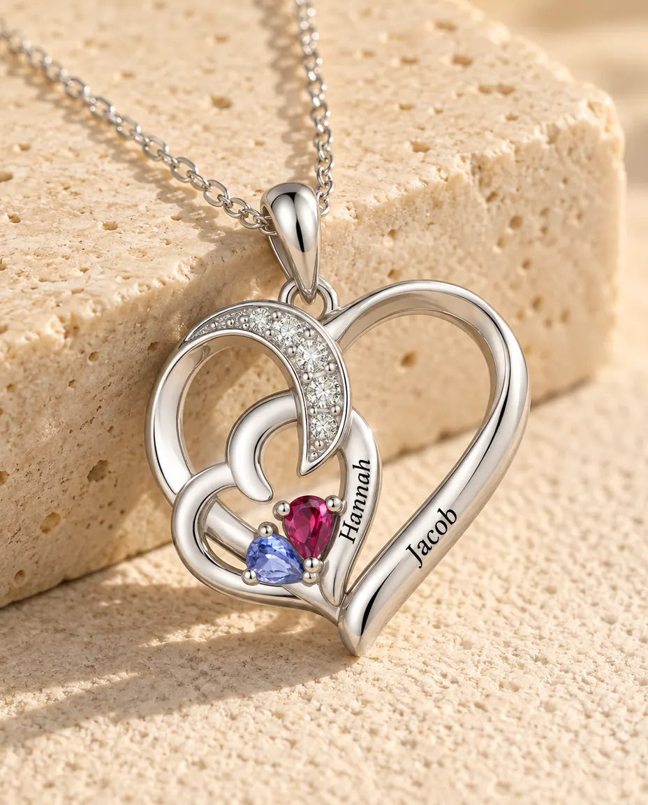 Personalised Birthstone Necklace With 2 Names - Interlocking Heart Pendant With Two Pear Simulated Birthstones, Silver