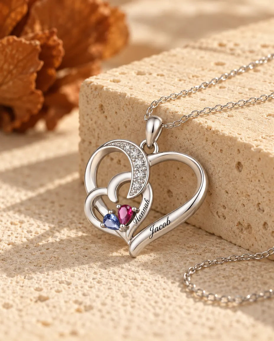 Personalised Birthstone Necklace With 2 Names - Interlocking Heart Pendant With Two Pear Simulated Birthstones, Silver