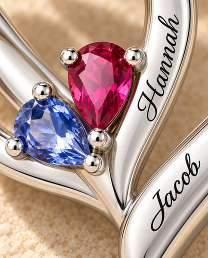 Personalised Birthstone Necklace With 2 Names - Interlocking Heart Pendant With Two Pear Simulated Birthstones, Silver