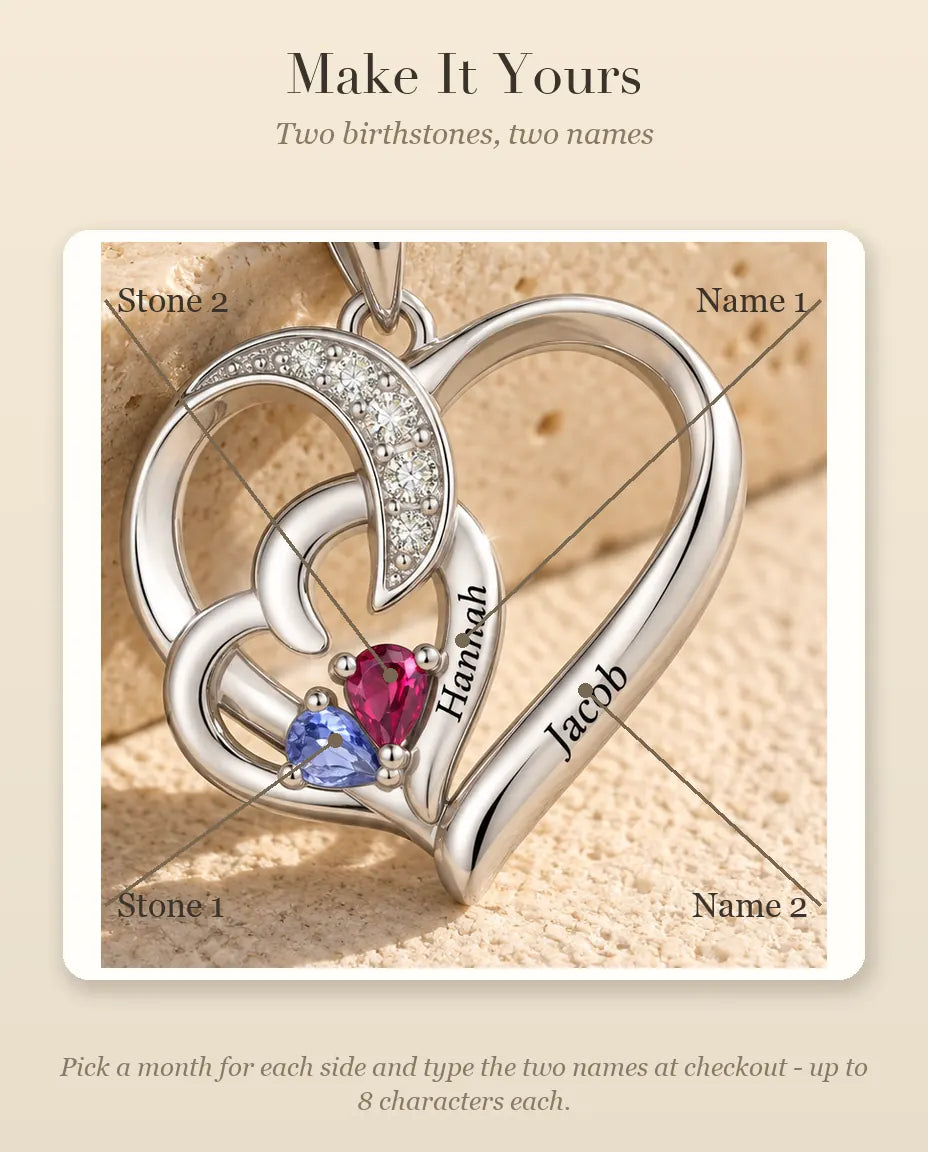 Personalised Birthstone Necklace With 2 Names - Interlocking Heart Pendant With Two Pear Simulated Birthstones, Silver