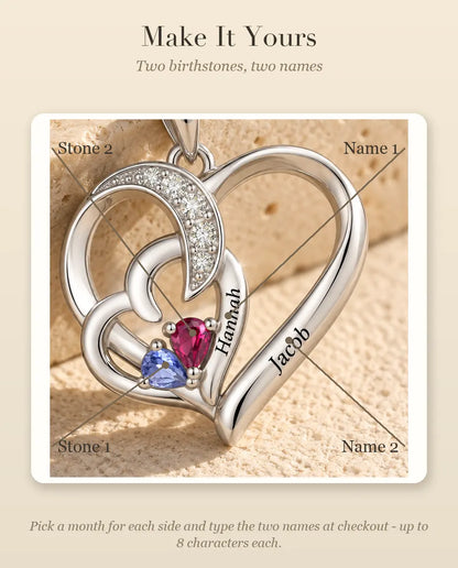 Personalised Birthstone Necklace With 2 Names - Interlocking Heart Pendant With Two Pear Simulated Birthstones, Silver