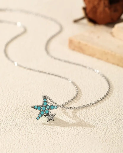 Turquoise Starfish Necklace - Sterling Silver Pendant with Pave Star Charm, 40 + 5 cm Adjustable Chain