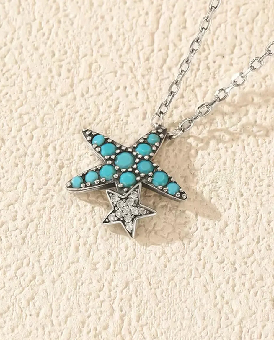 Turquoise Starfish Necklace - Sterling Silver Pendant with Pave Star Charm, 40 + 5 cm Adjustable Chain