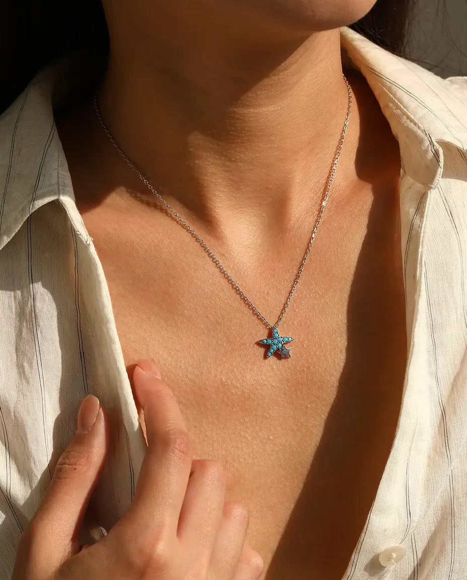 Turquoise Starfish Necklace - Sterling Silver Pendant with Pave Star Charm, 40 + 5 cm Adjustable Chain