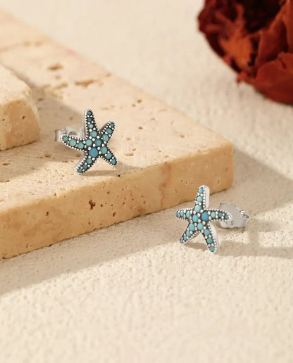 Turquoise Starfish Stud Earrings - Pave Set Turquoise Blue Stones on 10 mm Oxidised 925 Sterling Silver