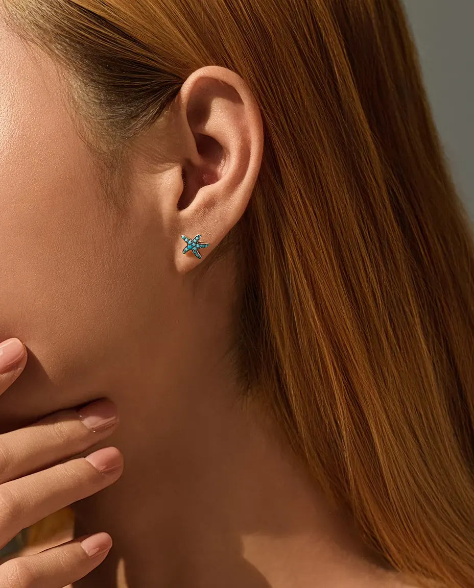 Turquoise Starfish Stud Earrings - Pave Set Turquoise Blue Stones on 10 mm Oxidised 925 Sterling Silver