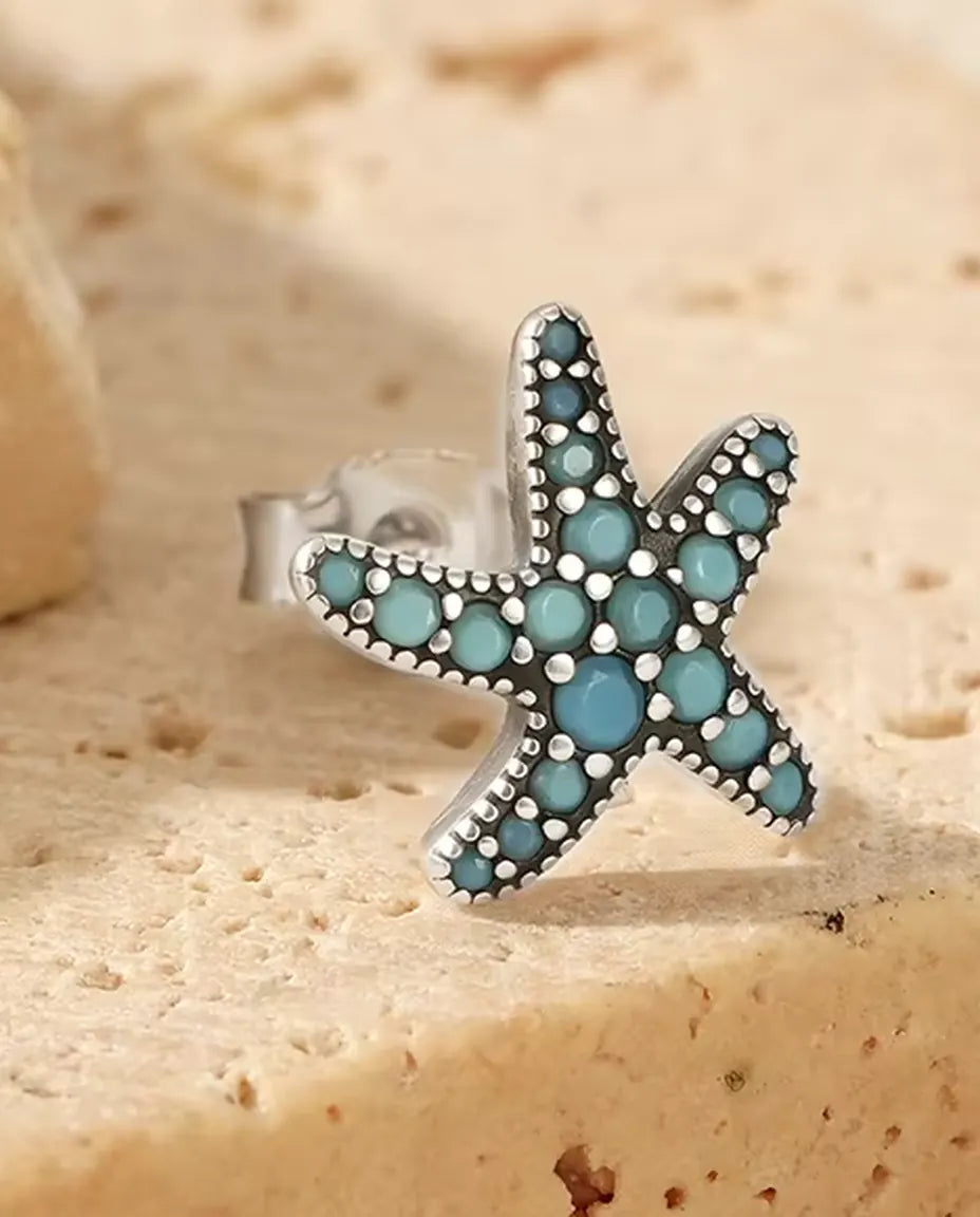 Turquoise Starfish Stud Earrings - Pave Set Turquoise Blue Stones on 10 mm Oxidised 925 Sterling Silver