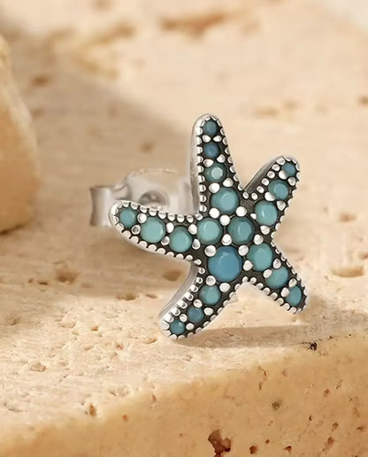 Turquoise Starfish Stud Earrings - Pave Set Turquoise Blue Stones on 10 mm Oxidised 925 Sterling Silver