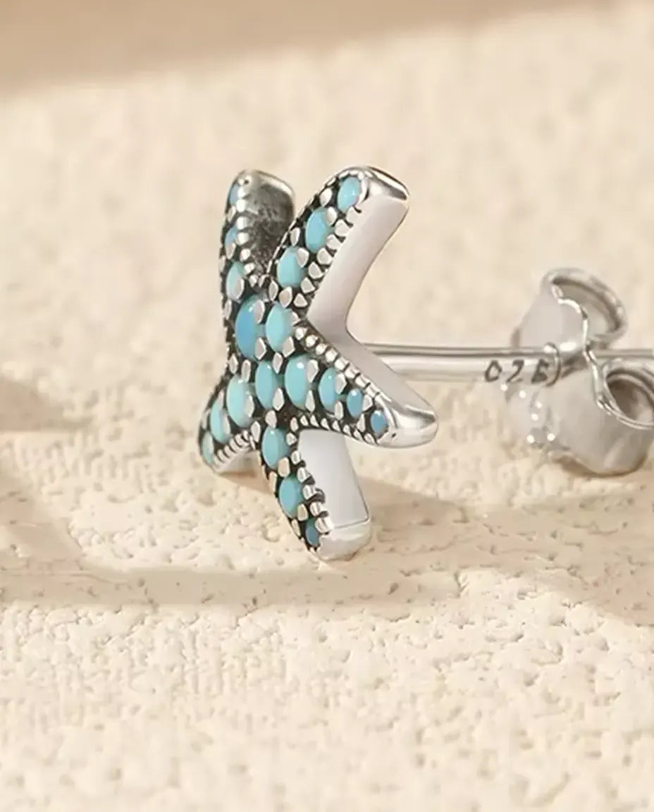 Turquoise Starfish Stud Earrings - Pave Set Turquoise Blue Stones on 10 mm Oxidised 925 Sterling Silver
