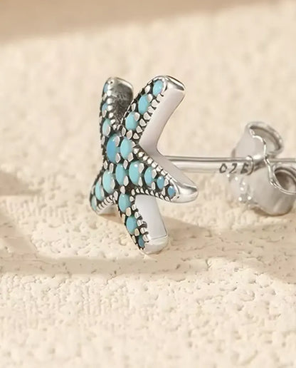 Turquoise Starfish Stud Earrings - Pave Set Turquoise Blue Stones on 10 mm Oxidised 925 Sterling Silver