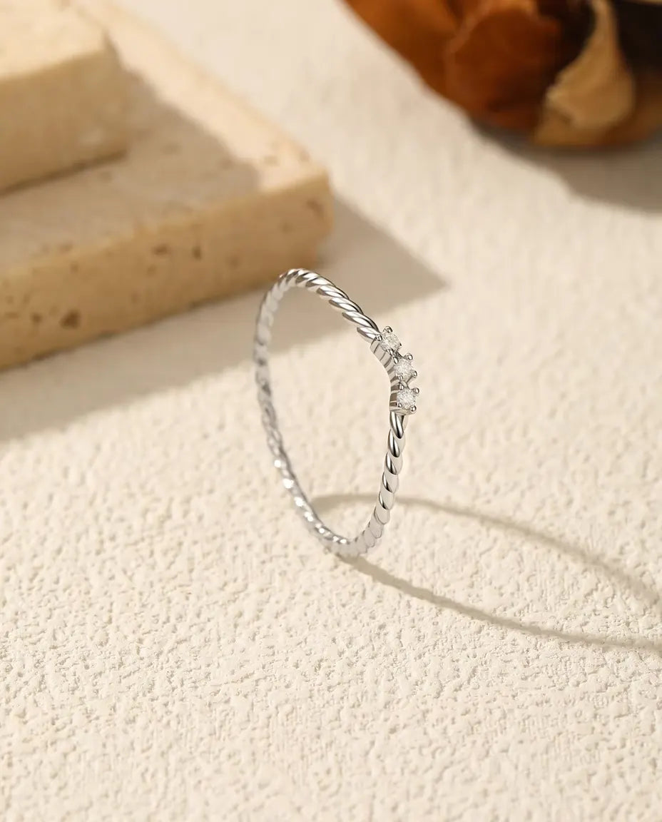 Twisted Rope Moissanite Ring - Three D Colour Stones on a 1 mm Braided Band in 925 Sterling Silver, Sizes 5-9