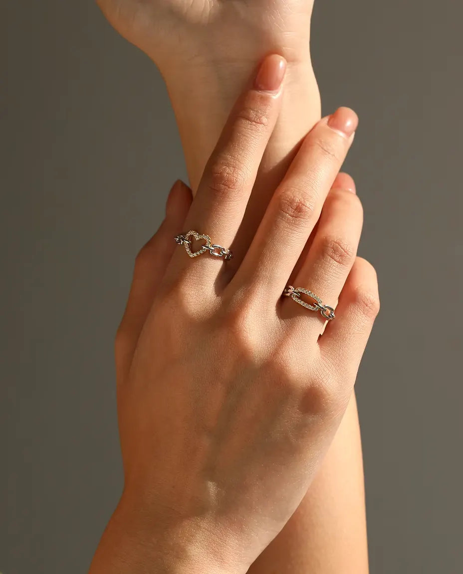 Two Tone Chain Link Ring - Gold Tone Pave Bar Between Silver Links, Sizes 5 to 9, 925 Sterling Silver