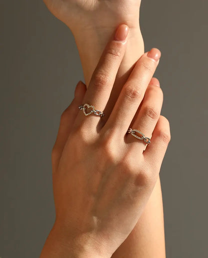 Two Tone Chain Link Ring - Gold Tone Pave Bar Between Silver Links, Sizes 5 to 9, 925 Sterling Silver