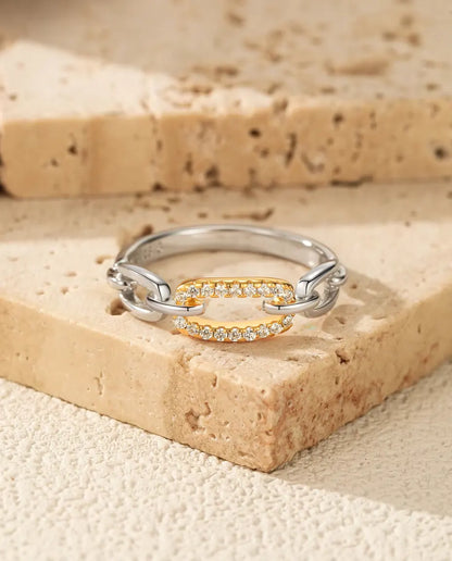 Two Tone Chain Link Ring - Gold Tone Pave Bar Between Silver Links, Sizes 5 to 9, 925 Sterling Silver