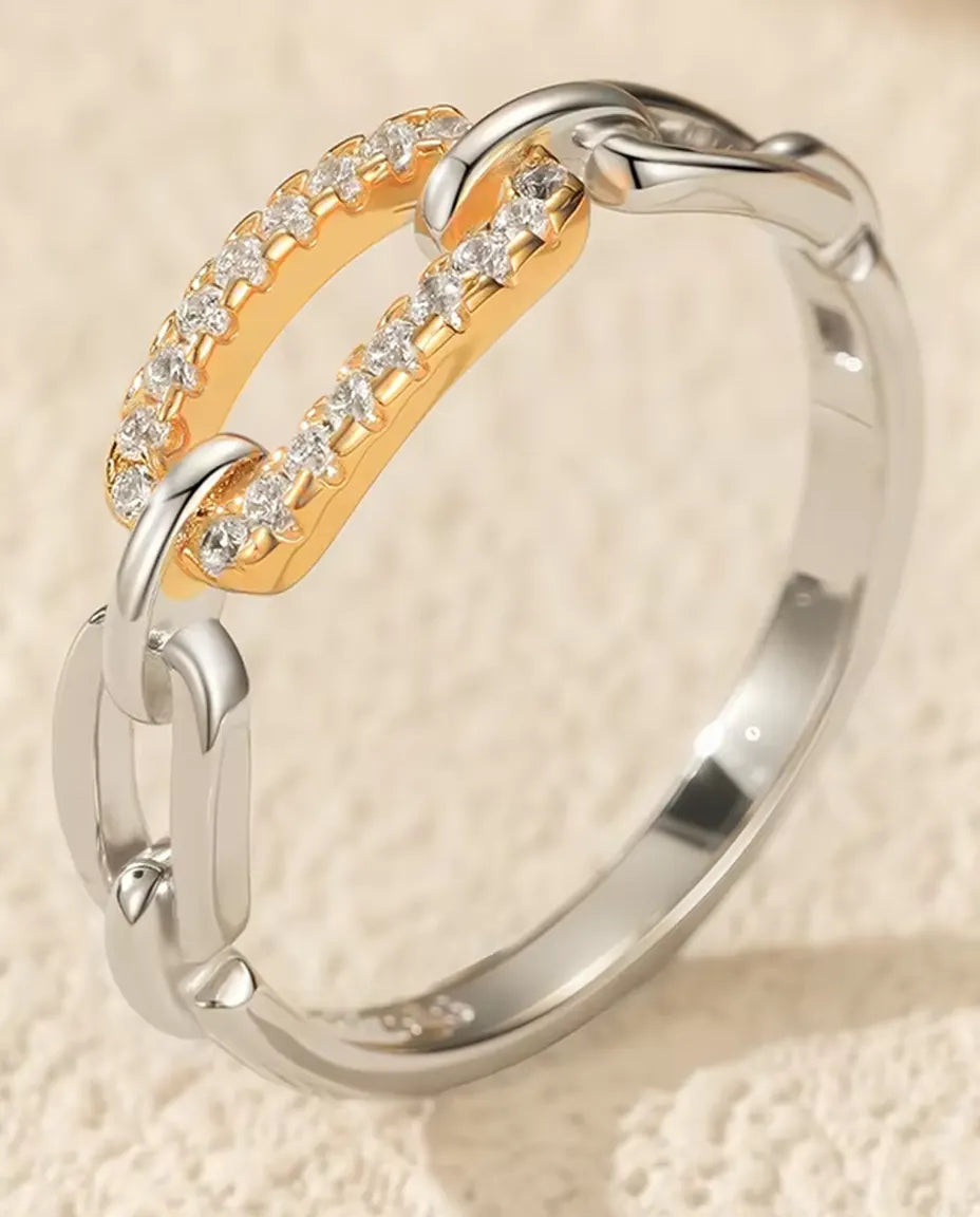 Two Tone Chain Link Ring - Gold Tone Pave Bar Between Silver Links, Sizes 5 to 9, 925 Sterling Silver