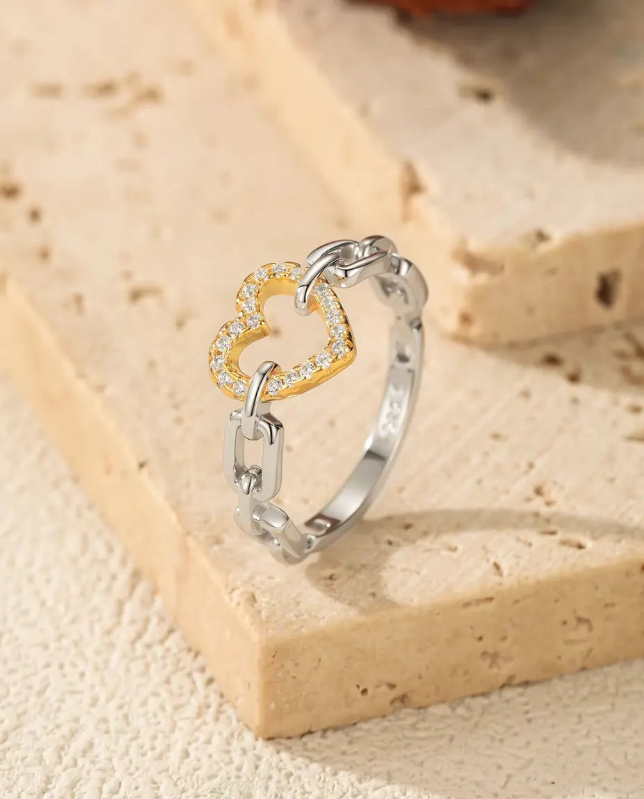 Heart Chain Link Ring for Women - Two Tone Gold Pave Heart on 925 Sterling Silver Paperclip Band, Sizes 5 to 9
