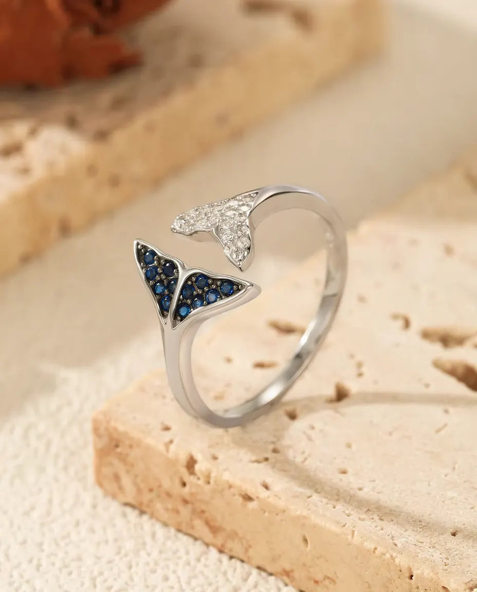 Whale Tail Ring - Blue and White Stone Open Adjustable Band, 925 Sterling Silver, Fits US Sizes 6 to 9