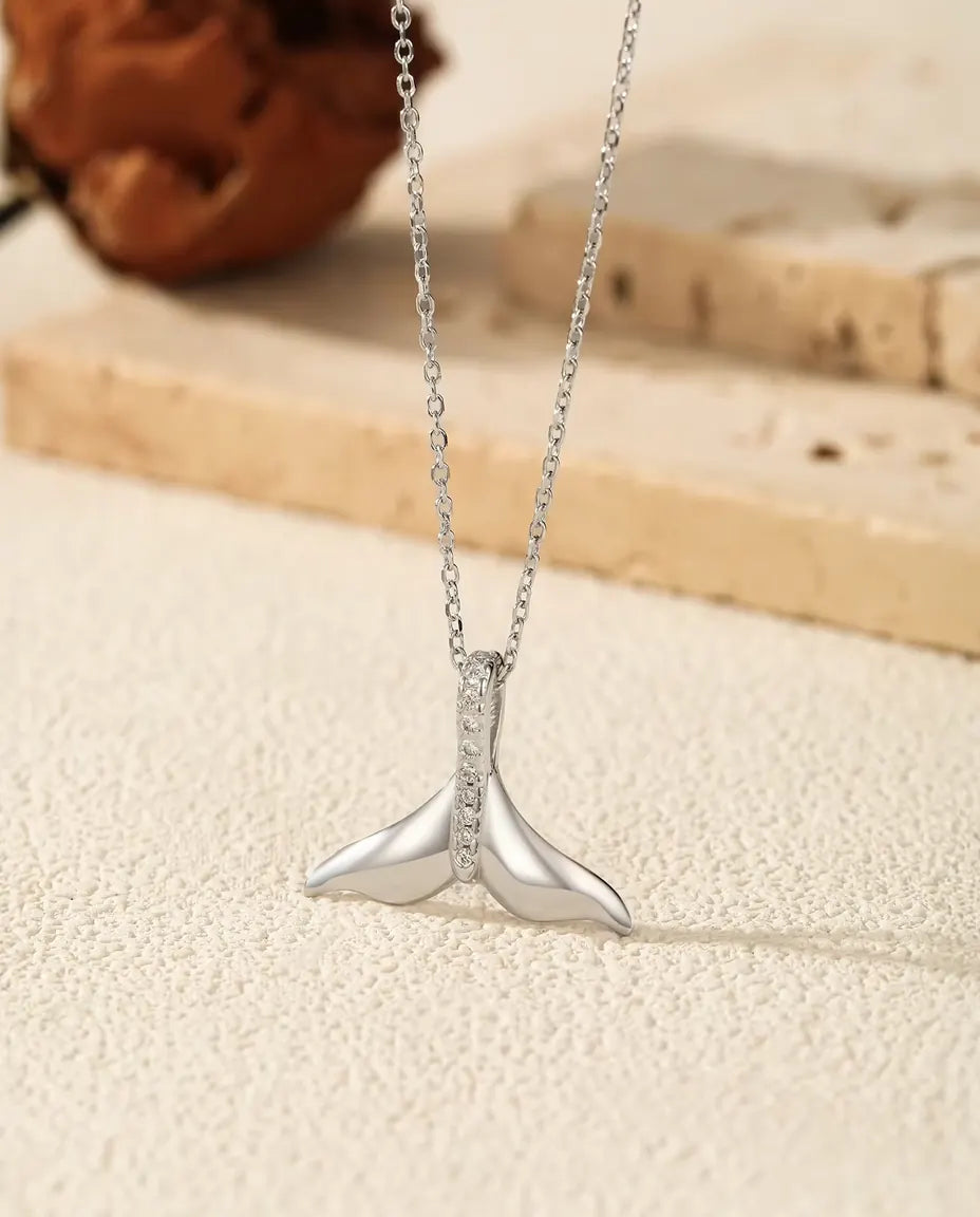 Whale Tail Pendant Necklace - Polished Silver Tail with Pave Set Bail, 925 Sterling Silver, 40 + 5 cm Chain
