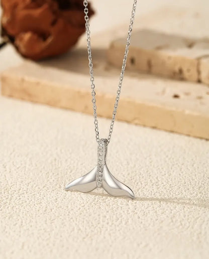 Whale Tail Pendant Necklace - Polished Silver Tail with Pave Set Bail, 925 Sterling Silver, 40 + 5 cm Chain