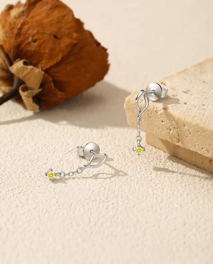Yellow Moissanite Chain Drop Earrings - 2 mm Canary Stones under a Twisted Marquise Stud, 925 Sterling Silver