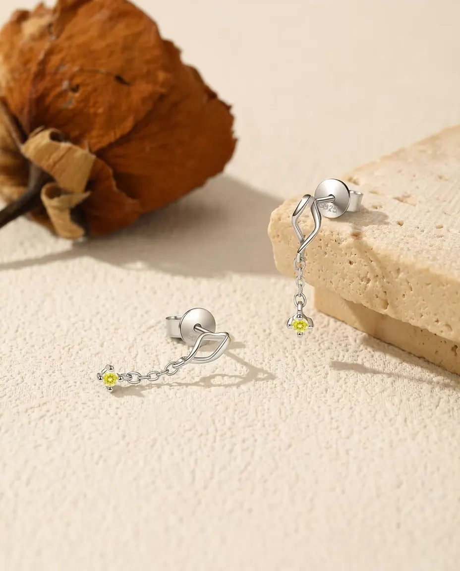 Yellow Moissanite Chain Drop Earrings - 2 mm Canary Stones under a Twisted Marquise Stud, 925 Sterling Silver