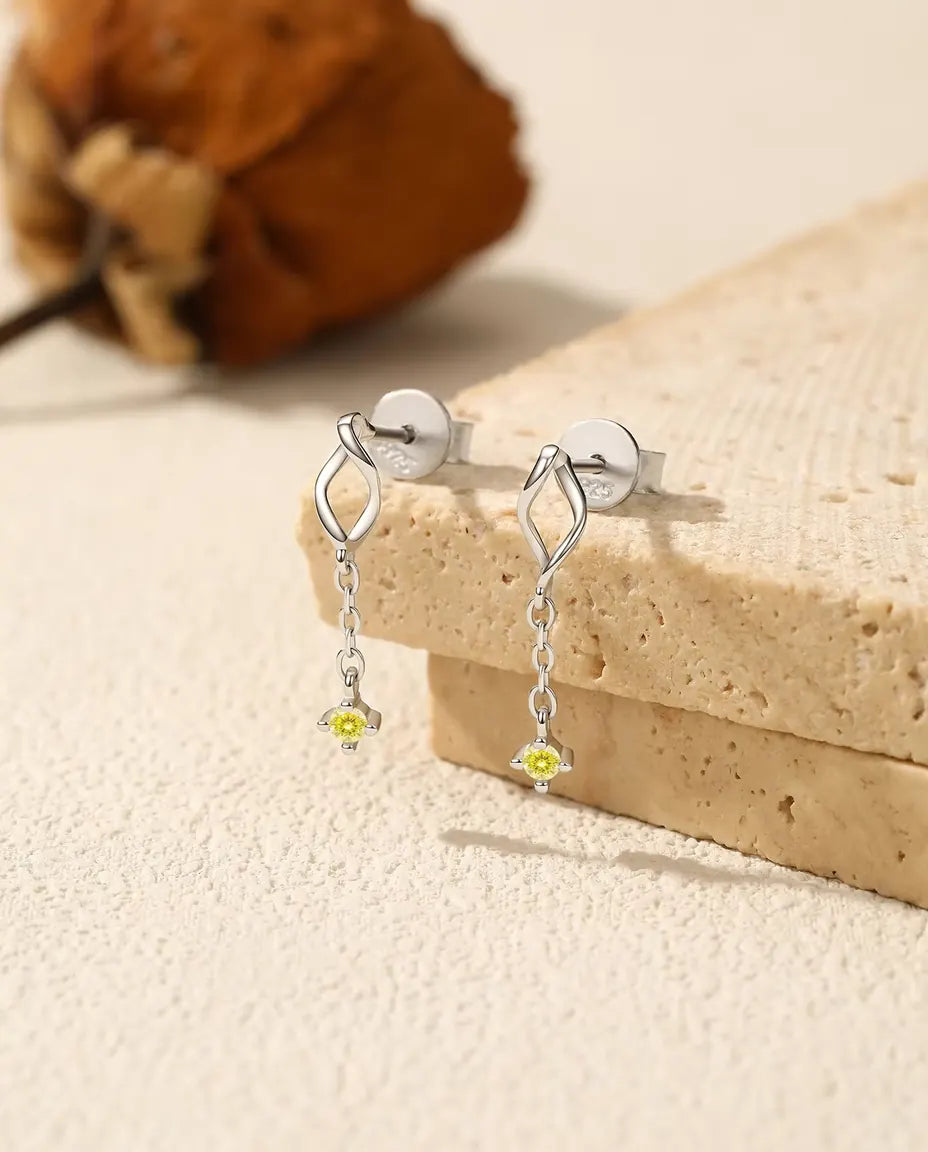 Yellow Moissanite Chain Drop Earrings - 2 mm Canary Stones under a Twisted Marquise Stud, 925 Sterling Silver