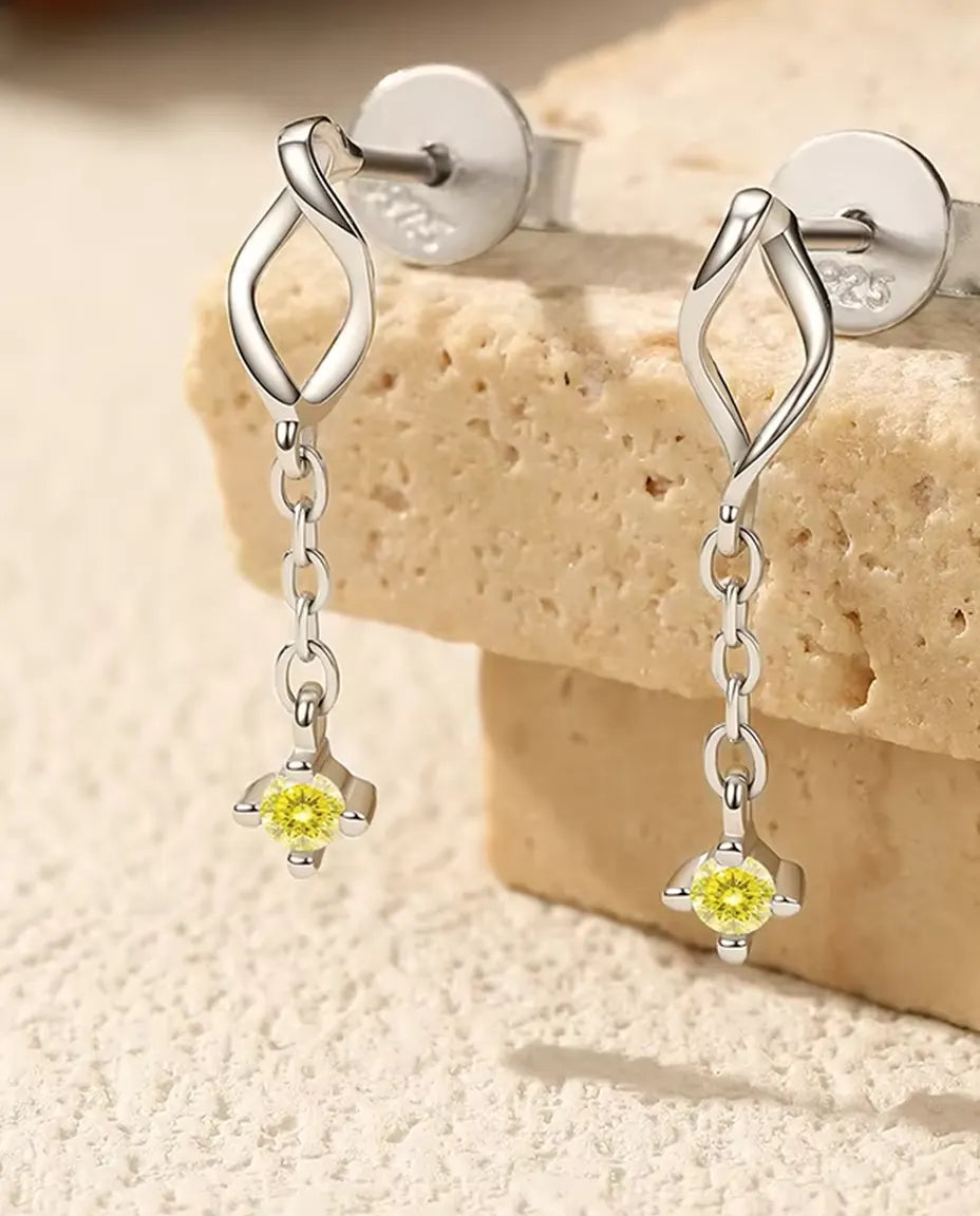 Yellow Moissanite Chain Drop Earrings - 2 mm Canary Stones under a Twisted Marquise Stud, 925 Sterling Silver