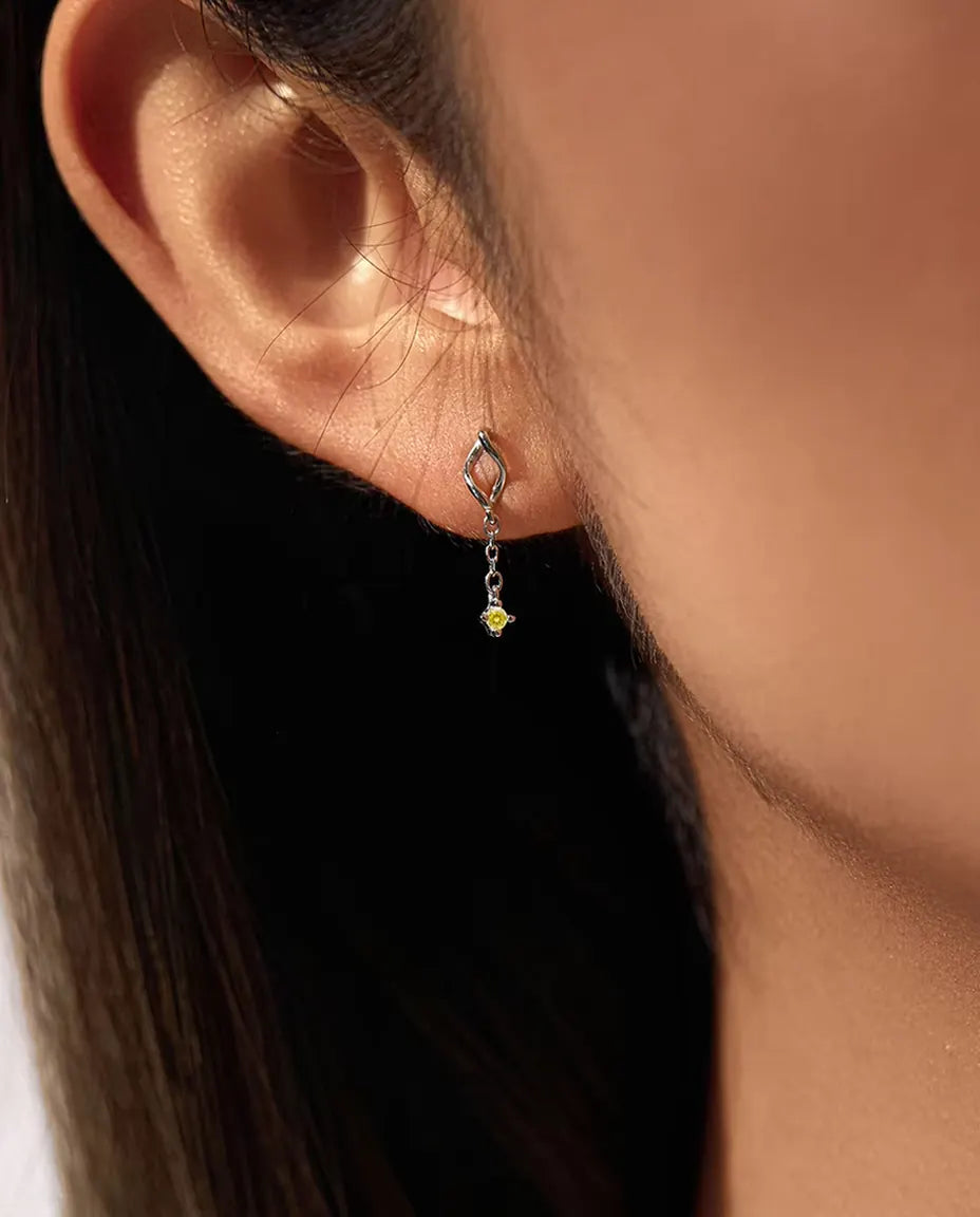 Yellow Moissanite Chain Drop Earrings - 2 mm Canary Stones under a Twisted Marquise Stud, 925 Sterling Silver