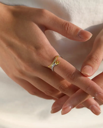 Yellow Pear Cut Bypass Ring - Two Tone Wave Band with Clear and Yellow Pave, Sizes 5 to 9, 925 Sterling Silver
