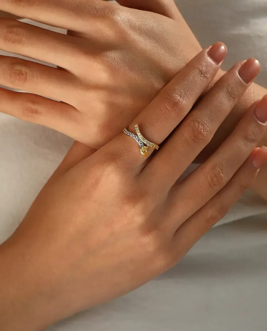 Yellow Pear Cut Bypass Ring - Two Tone Wave Band with Clear and Yellow Pave, Sizes 5 to 9, 925 Sterling Silver